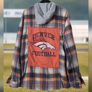 Upcycled BRONCOS Distressed Plaid Hoodie Shirt